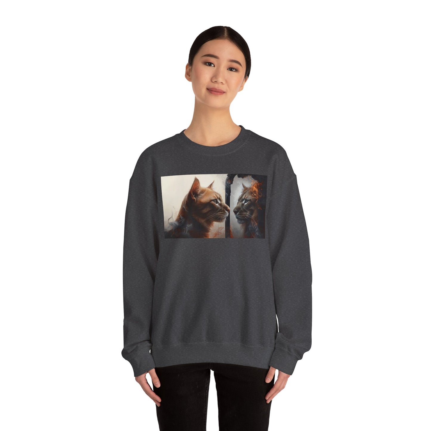 Cat Lion Mirror Crewneck Sweatshirt, Perfect for Cat Lovers, Gift for Birthdays, Stay-at-Home Comfort, Ideal for Casual Wear, Pet Enthusiast