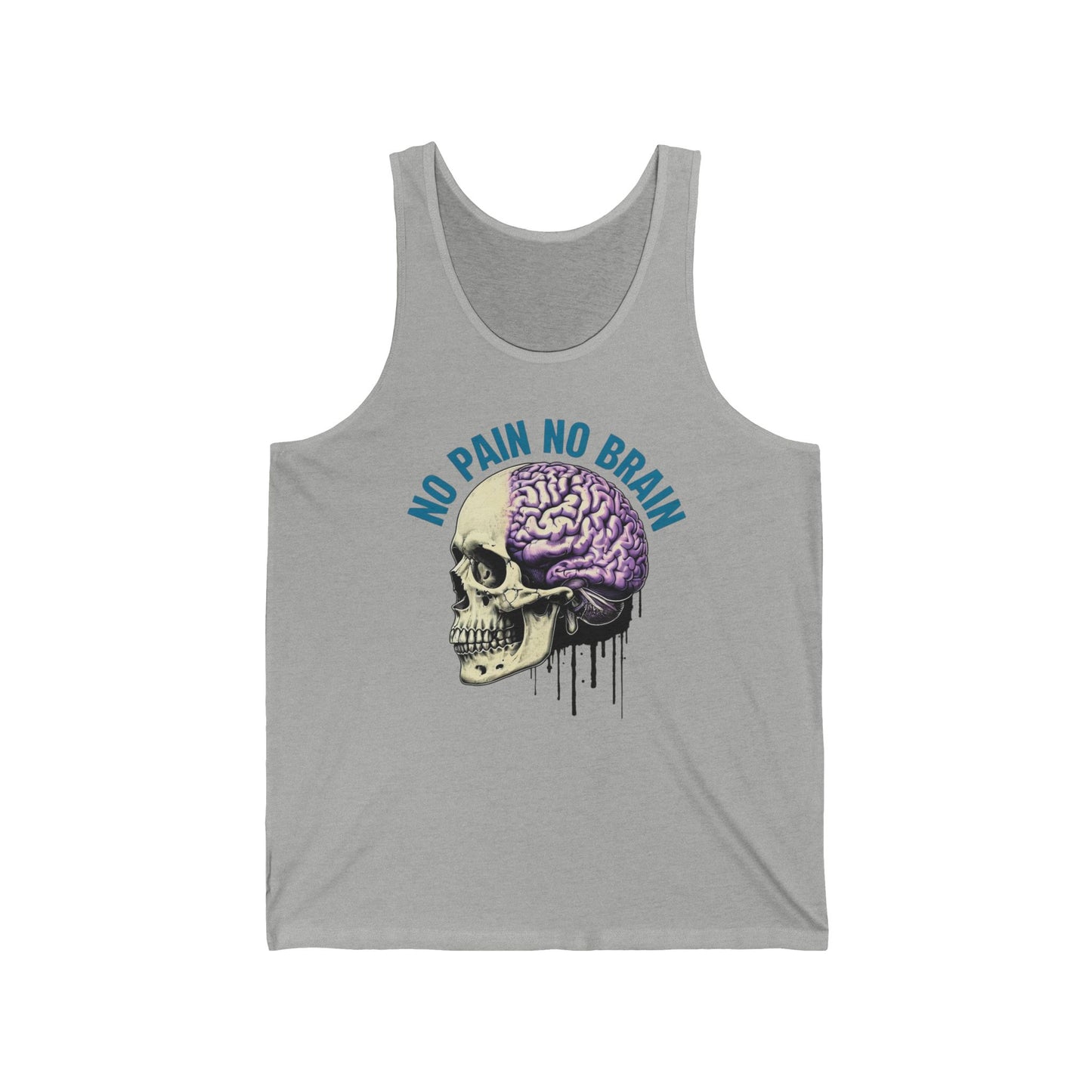 Unisex Jersey Tank - "No Pain No Brain" Skull Design, Perfect for Gym, Casual Wear, Gifts for Fitness Enthusiasts, Summer Vibes, Halloween