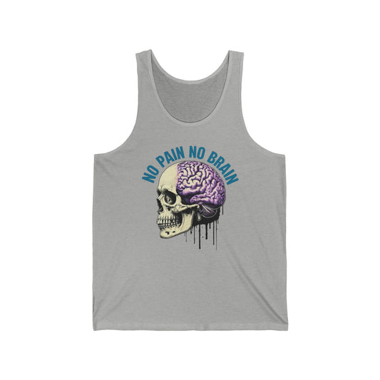 Unisex Jersey Tank - "No Pain No Brain" Skull Design, Perfect for Gym, Casual Wear, Gifts for Fitness Enthusiasts, Summer Vibes, Halloween