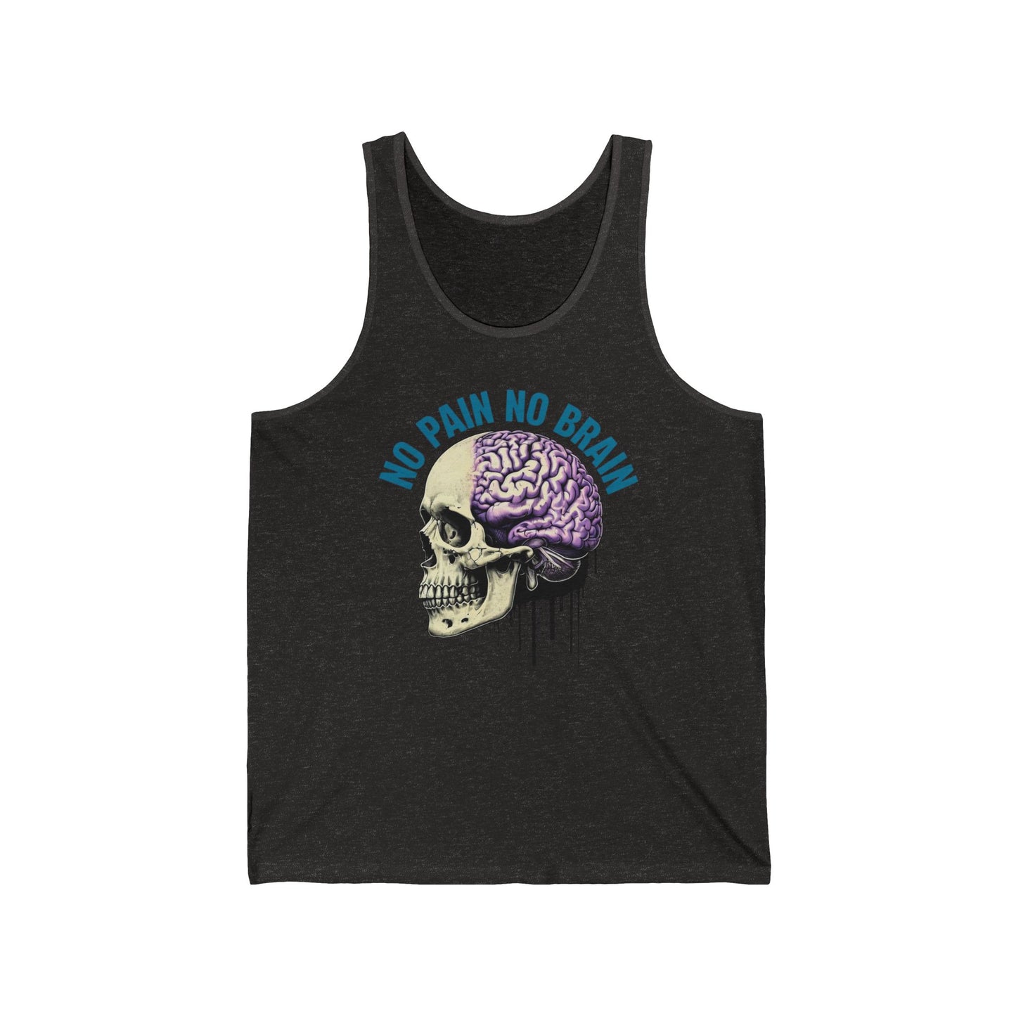 Unisex Jersey Tank - "No Pain No Brain" Skull Design, Perfect for Gym, Casual Wear, Gifts for Fitness Enthusiasts, Summer Vibes, Halloween