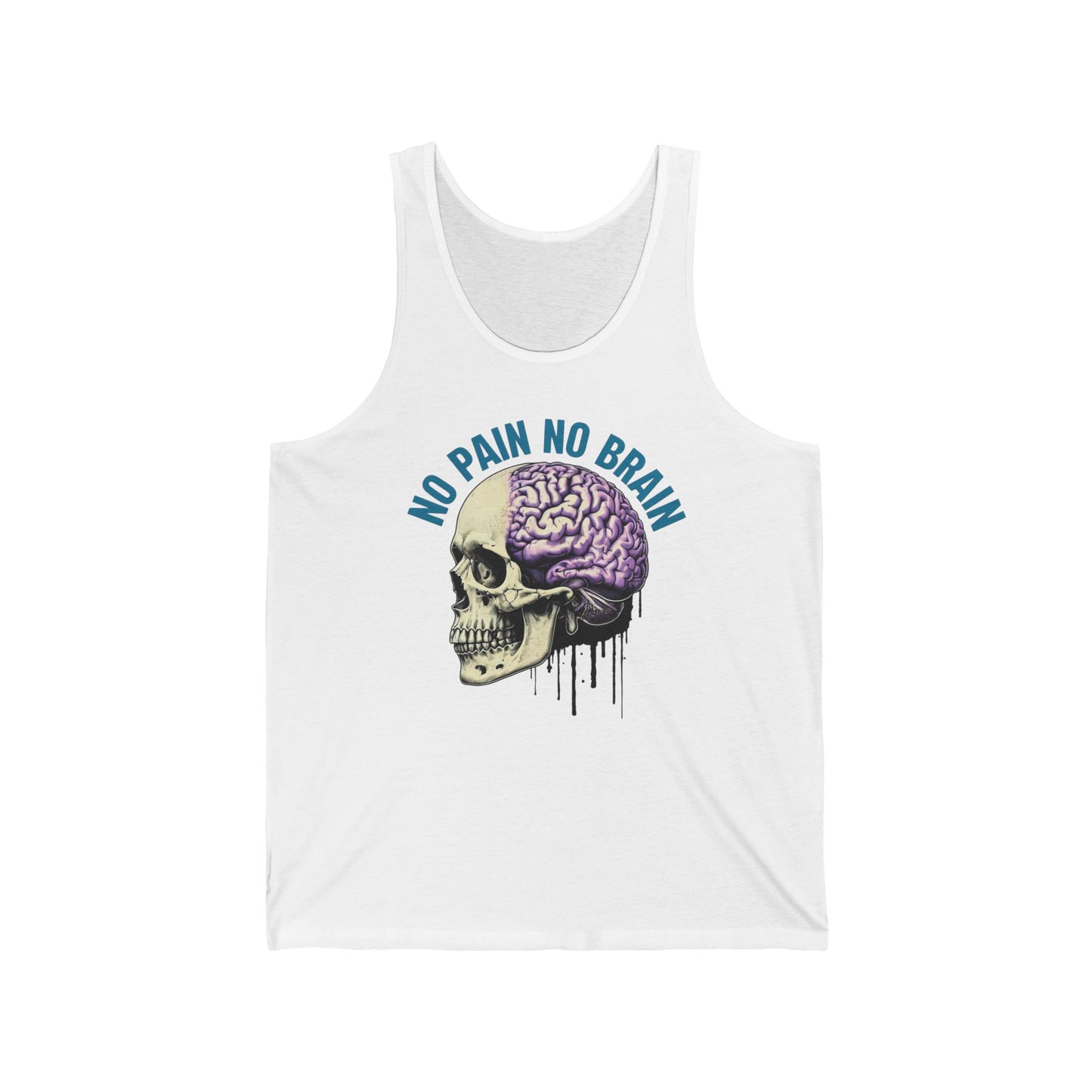 Unisex Jersey Tank - "No Pain No Brain" Skull Design, Perfect for Gym, Casual Wear, Gifts for Fitness Enthusiasts, Summer Vibes, Halloween