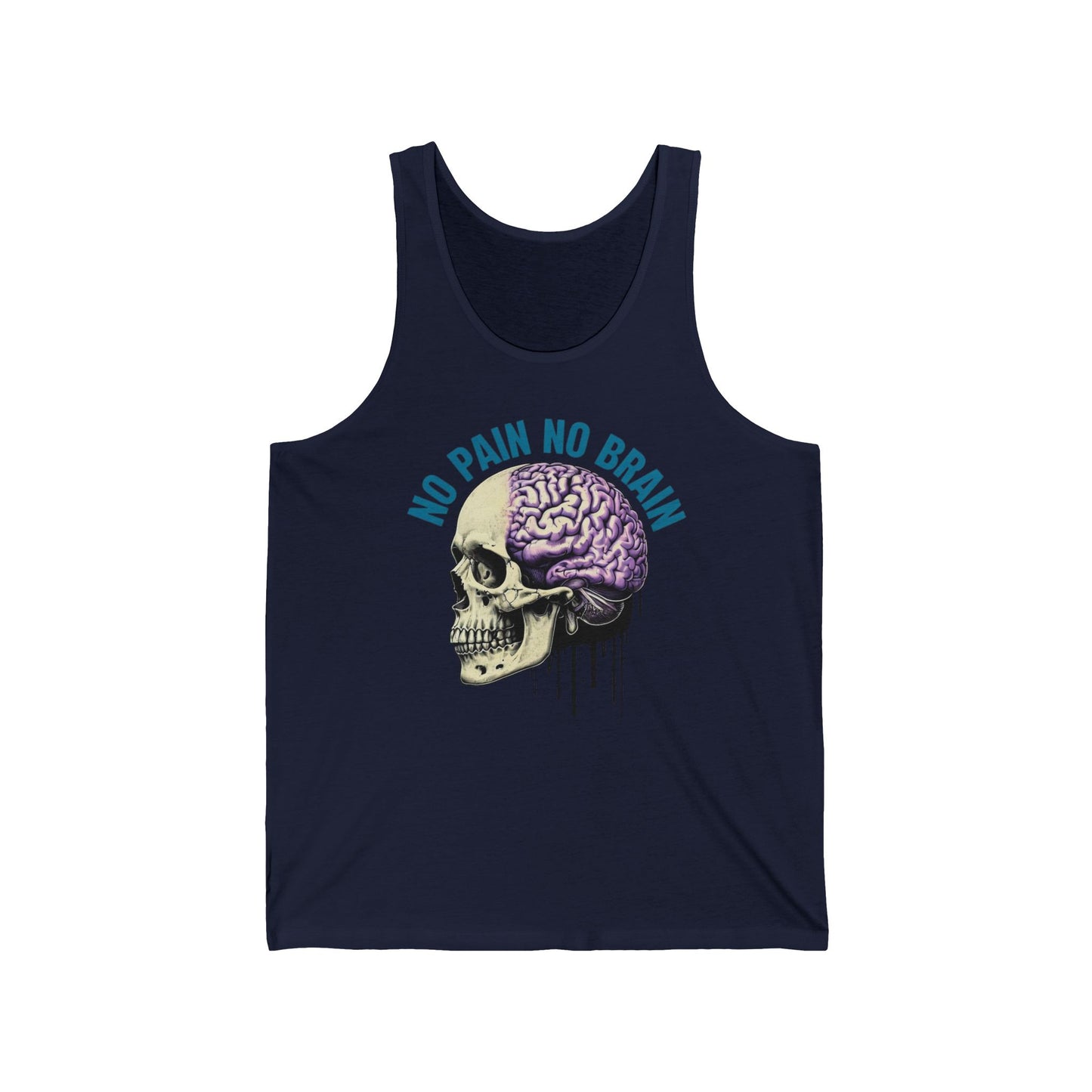 Unisex Jersey Tank - "No Pain No Brain" Skull Design, Perfect for Gym, Casual Wear, Gifts for Fitness Enthusiasts, Summer Vibes, Halloween