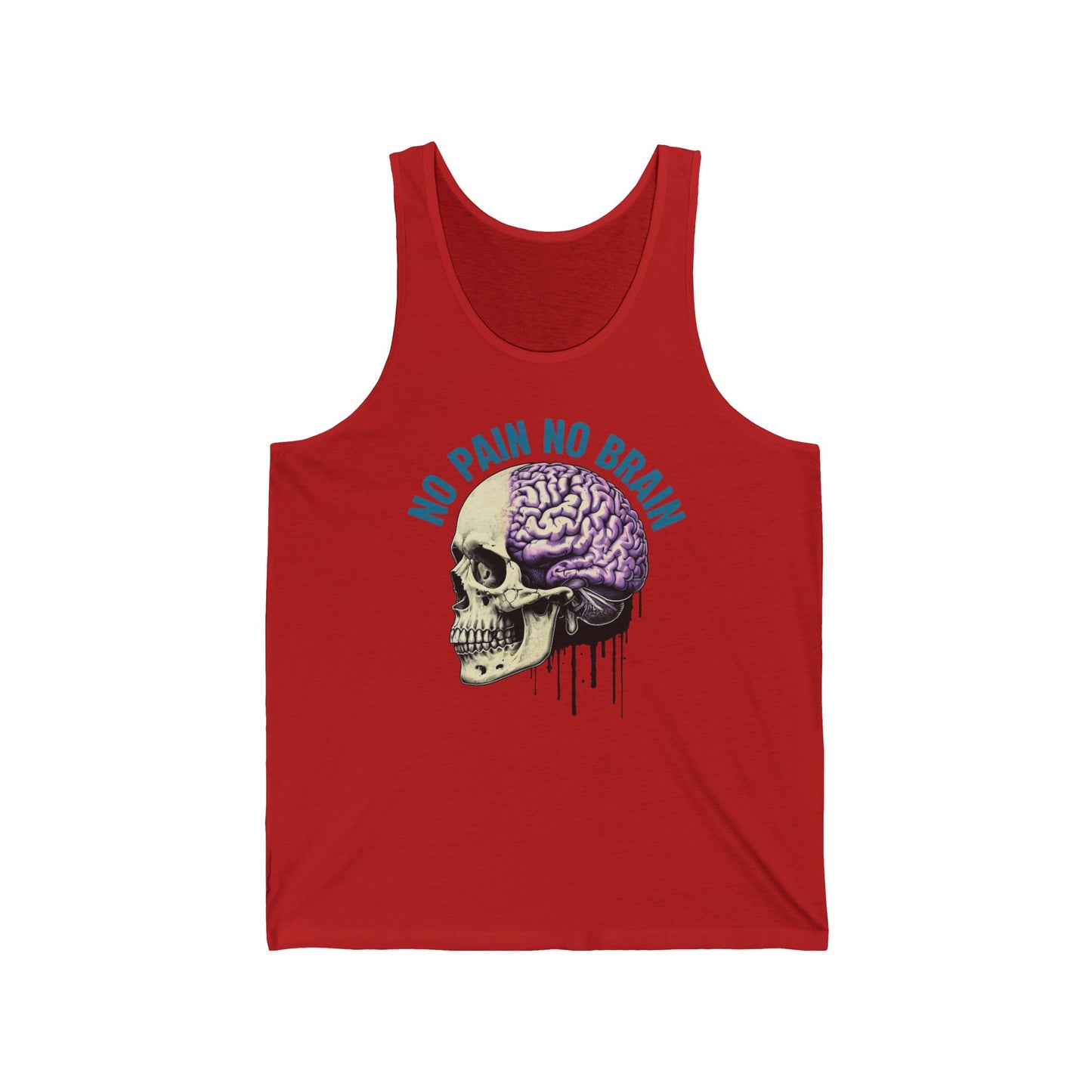 Unisex Jersey Tank - "No Pain No Brain" Skull Design, Perfect for Gym, Casual Wear, Gifts for Fitness Enthusiasts, Summer Vibes, Halloween