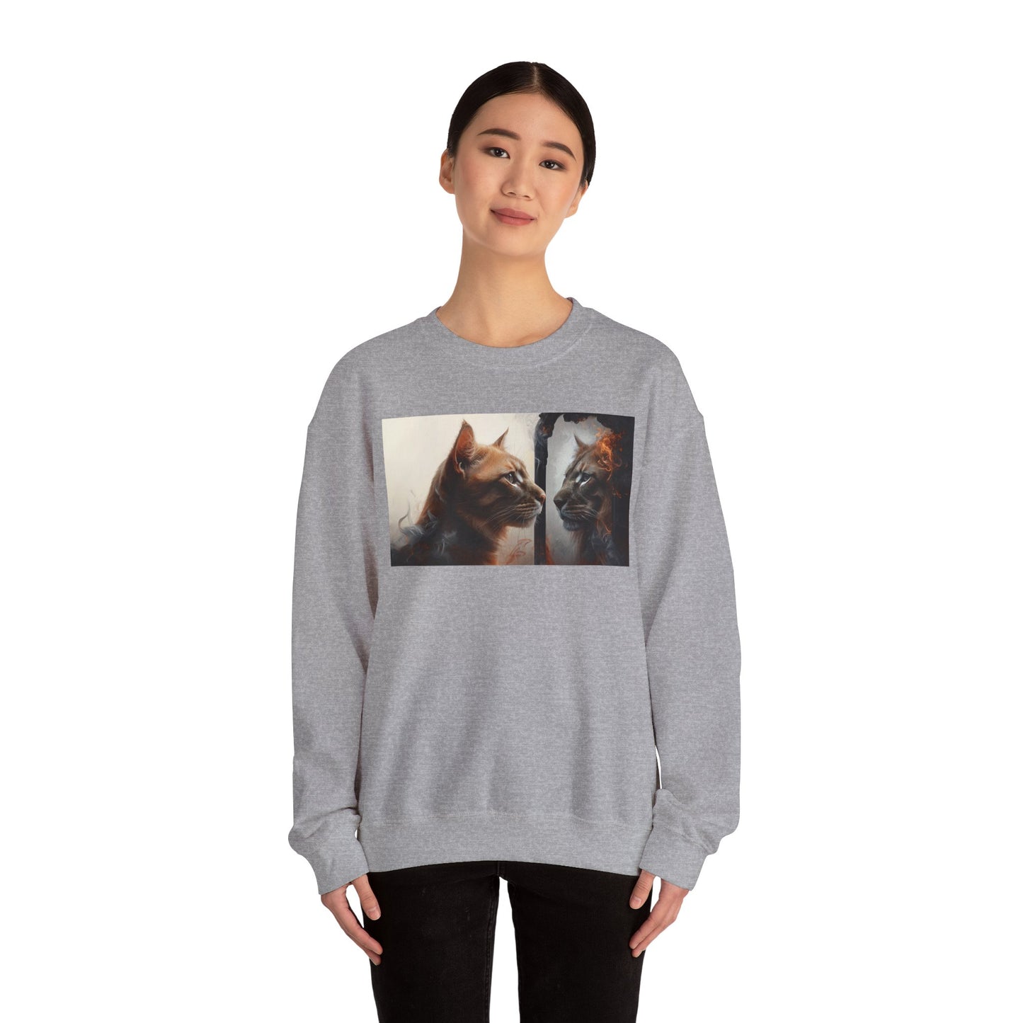 Cat Lion Mirror Crewneck Sweatshirt, Perfect for Cat Lovers, Gift for Birthdays, Stay-at-Home Comfort, Ideal for Casual Wear, Pet Enthusiast